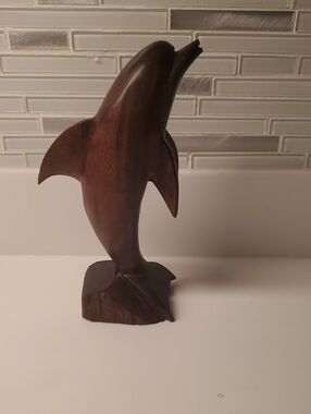 Handcrafted Brown Wooden Dolphin Sculpture - Home Art Accent